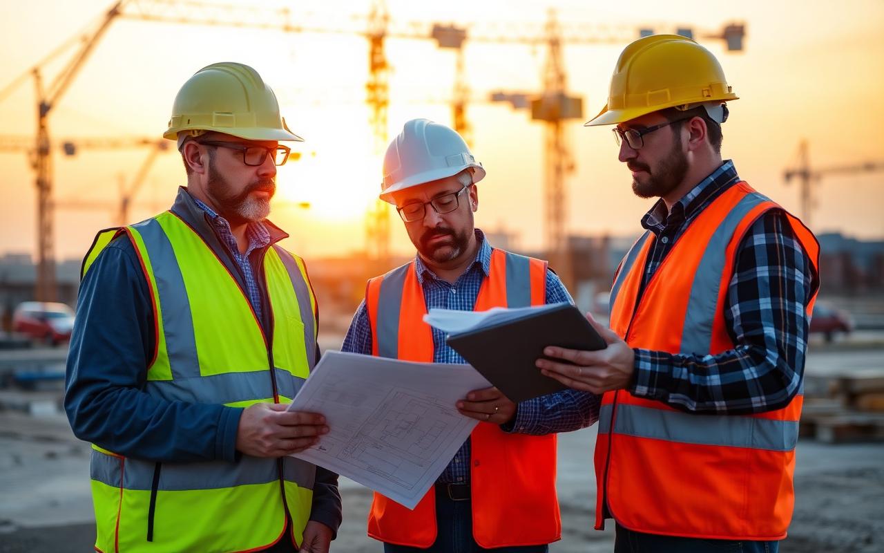 Construction engineers reviewing site safety plans