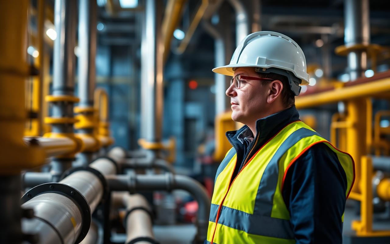 Engineer inspecting refinery pipework